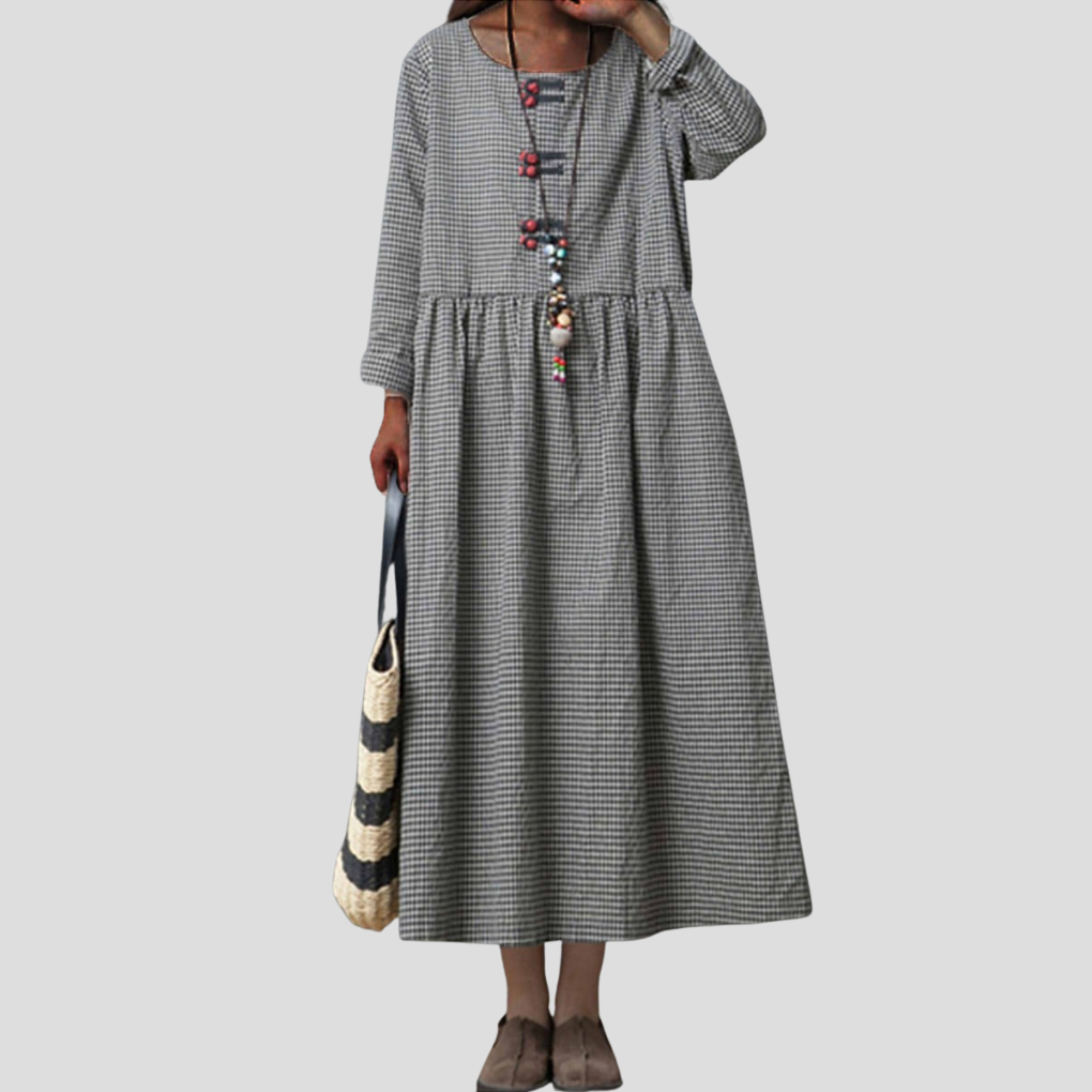 Women's flowy long sleeve high waist maxi dress for elegant casual wear. Versatile & modest swing dress.