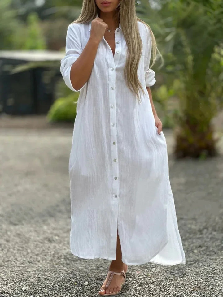 Elegant women's long sleeve maxi dress with a loose fit, ideal for summer vacation and resort wear.