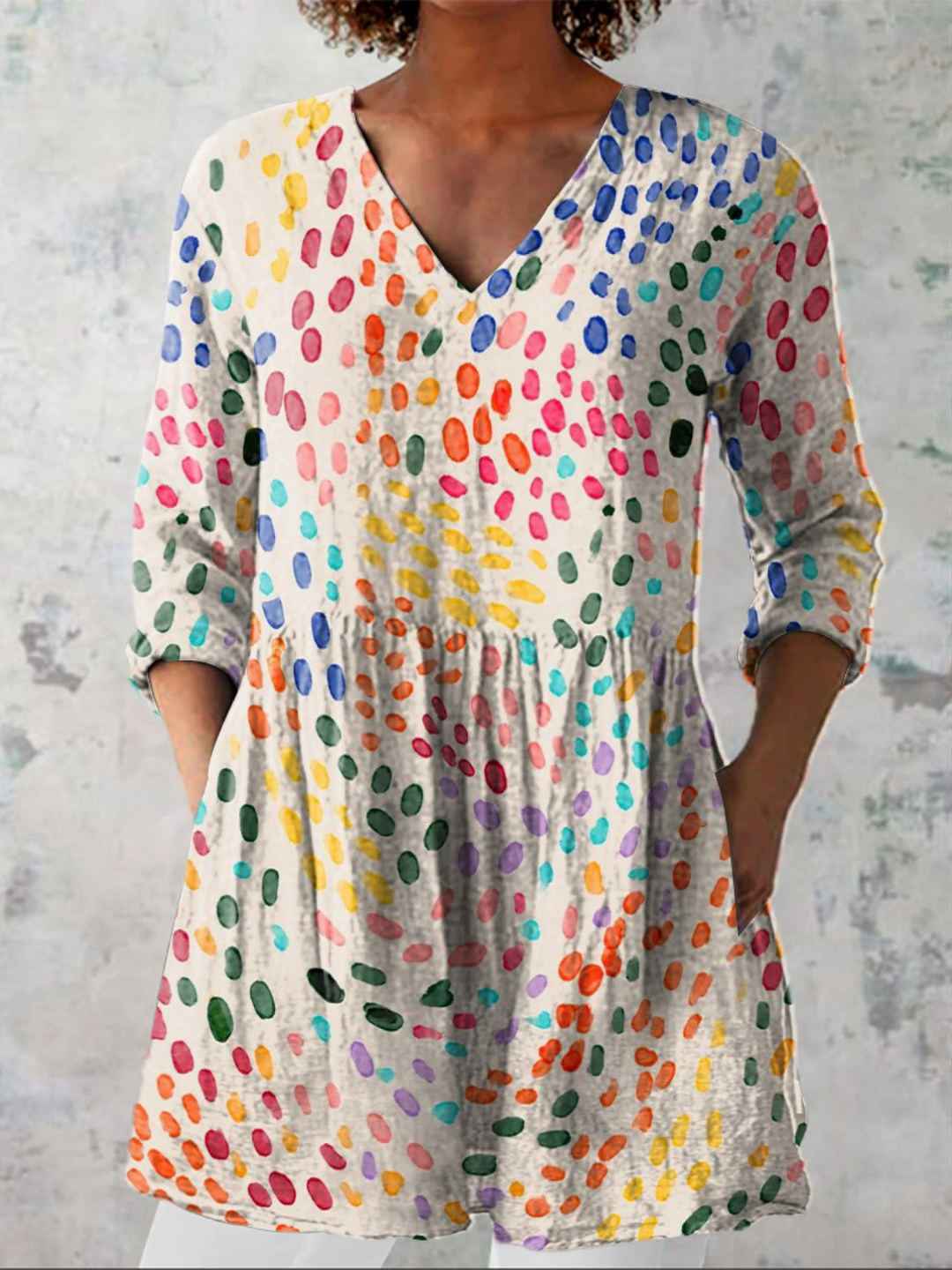 Women's flowy multicolor V-neck long sleeve blouse for casual wear. Comfortable, relaxed fit, stylish everyday top.