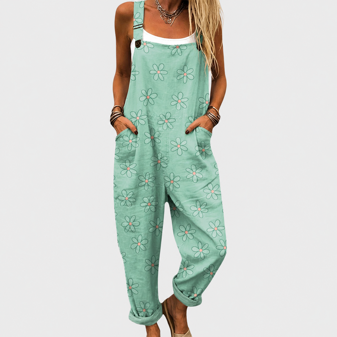Women's flowy printed jumpsuit with wide legs, ideal for comfortable, stylish casual wear or summer vacations.