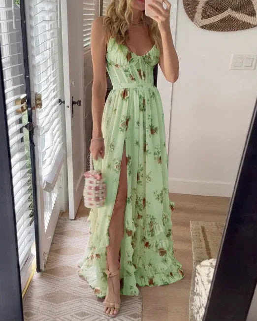 Elegant women's summer midi dress featuring a romantic floral print and flattering v-neck, ideal for vacations.