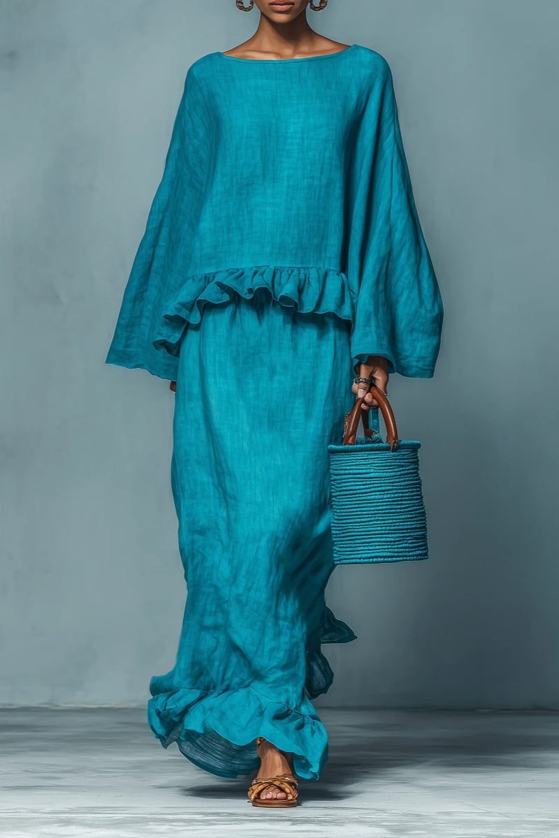 Women's flowy ruffle maxi skirt & elegant cape top two-piece set. Perfect relaxed fit for summer holidays & travel.
