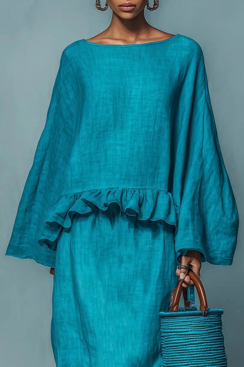 Relaxed elegance: Women's matching ruffle maxi skirt & cape top set. Ideal casual summer outfit or holiday wear.