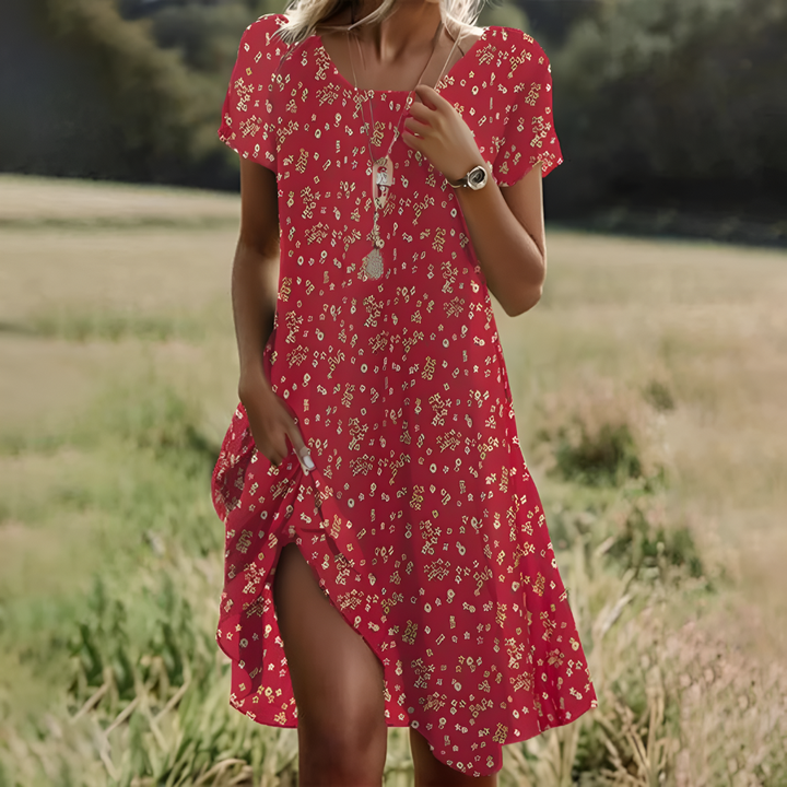 Sleeveless scoop neck flowy midi dress for women, featuring a stylish tie waist. Ideal for summer.
