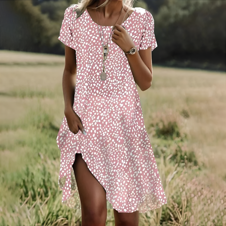 Elegant women's summer midi dress, flowy fabric & tie waist. Great for vacation, spring, casual outfits.