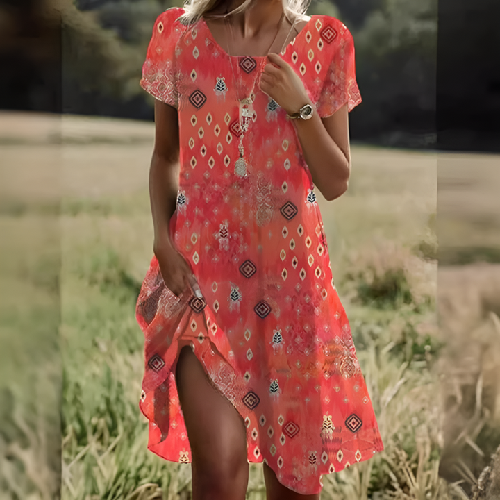 Women's sleeveless flowy midi dress with tie waist, scoop neck. Perfect casual/elegant summer vacation dress.