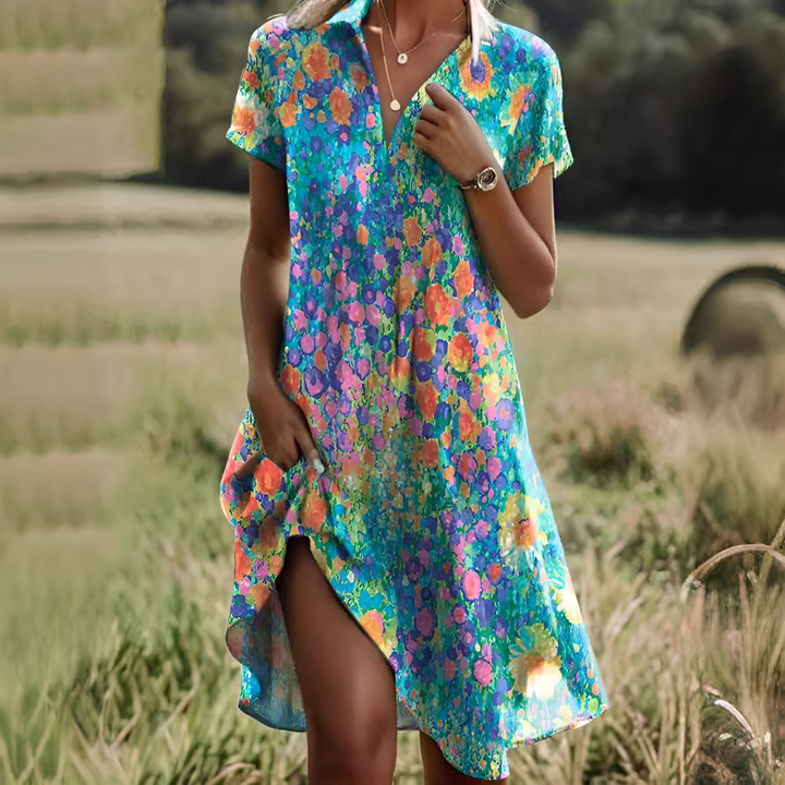 Women's flowy summer midi dress, tie waist, sleeveless, scoop neck. Casual & elegant for spring vacation.