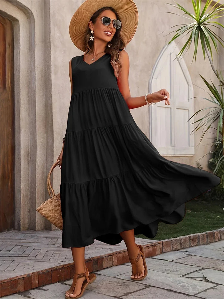 Elegant V-neck sleeveless maxi dress for women, with a comfortable tiered design.
