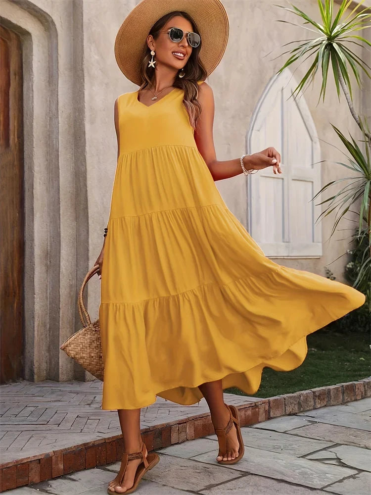 Casual women's V-neck sleeveless maxi dress, featuring a chic tiered silhouette.