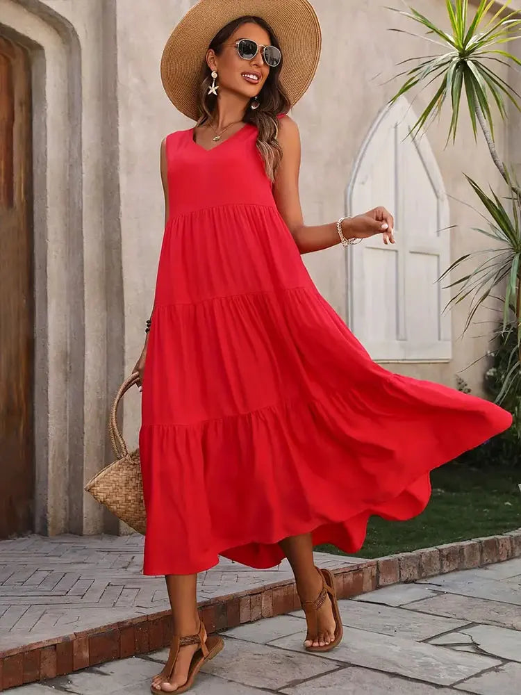 Women's fashionable tiered maxi summer dress, comfortable for everyday wear.