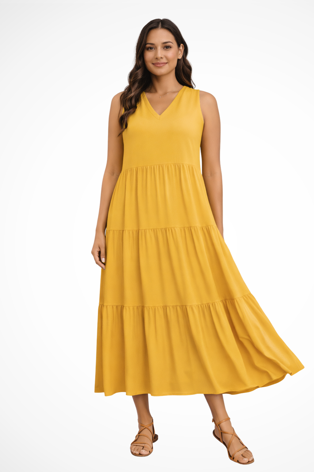 Stylish women's sleeveless V-neck tiered maxi dress for summer vacations.