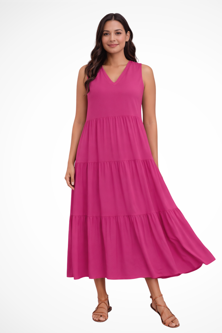 Elegant tiered maxi summer dress for women, ideal for casual or beach fashion.