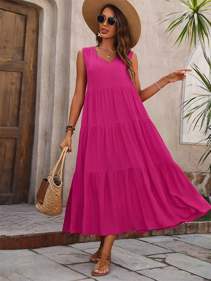 Summer-ready women's maxi dress, sleeveless with a beautiful tiered design.