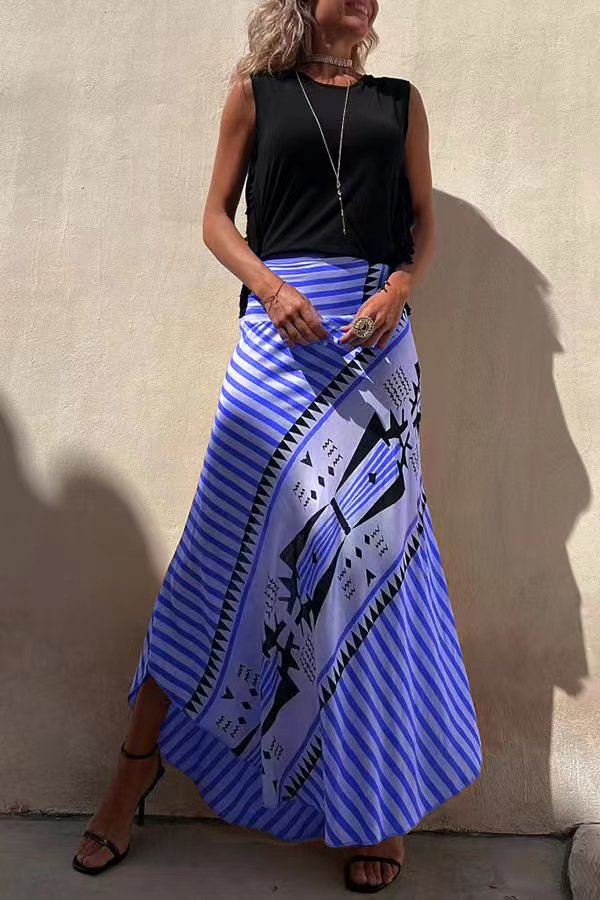 Trendy women's tiered pleated maxi skirt, an essential for women's fashion, comfortable with elastic waist.