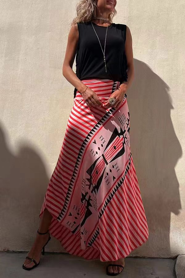 Full-length women's tiered pleated skirt, a flowy maxi design with elastic waist for ultimate comfort.