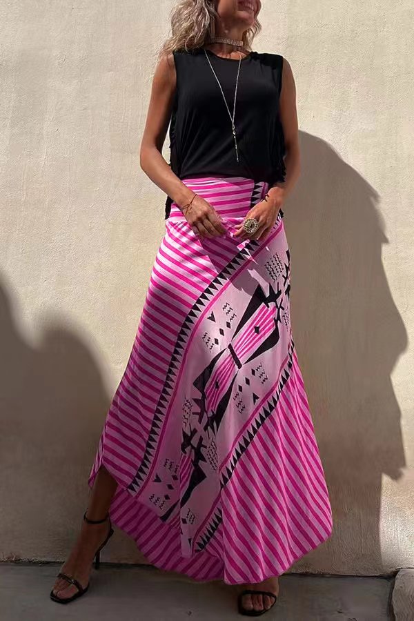 Lightweight women's flowy maxi skirt, tiered and pleated for a stylish, comfortable summer casual look.