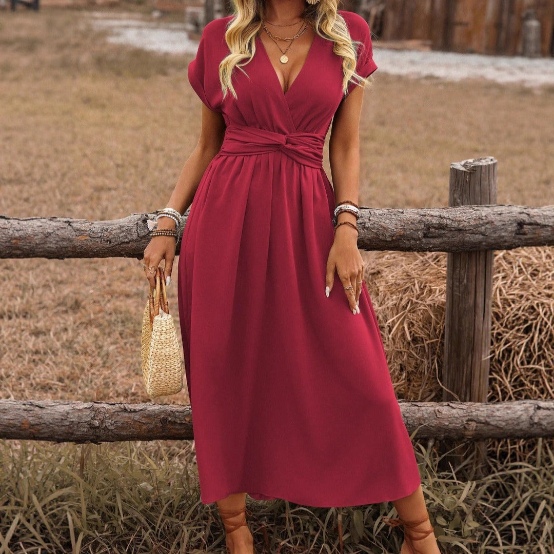 Versatile women's flowy maxi dress, comfortable V-neck boho style for summer, casual or travel.