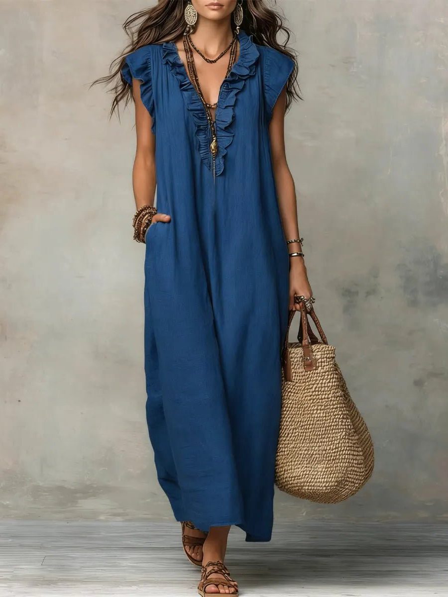 Comfortable women's flowy V-neck maxi dress with flutter sleeves, a chic summer casual dress.