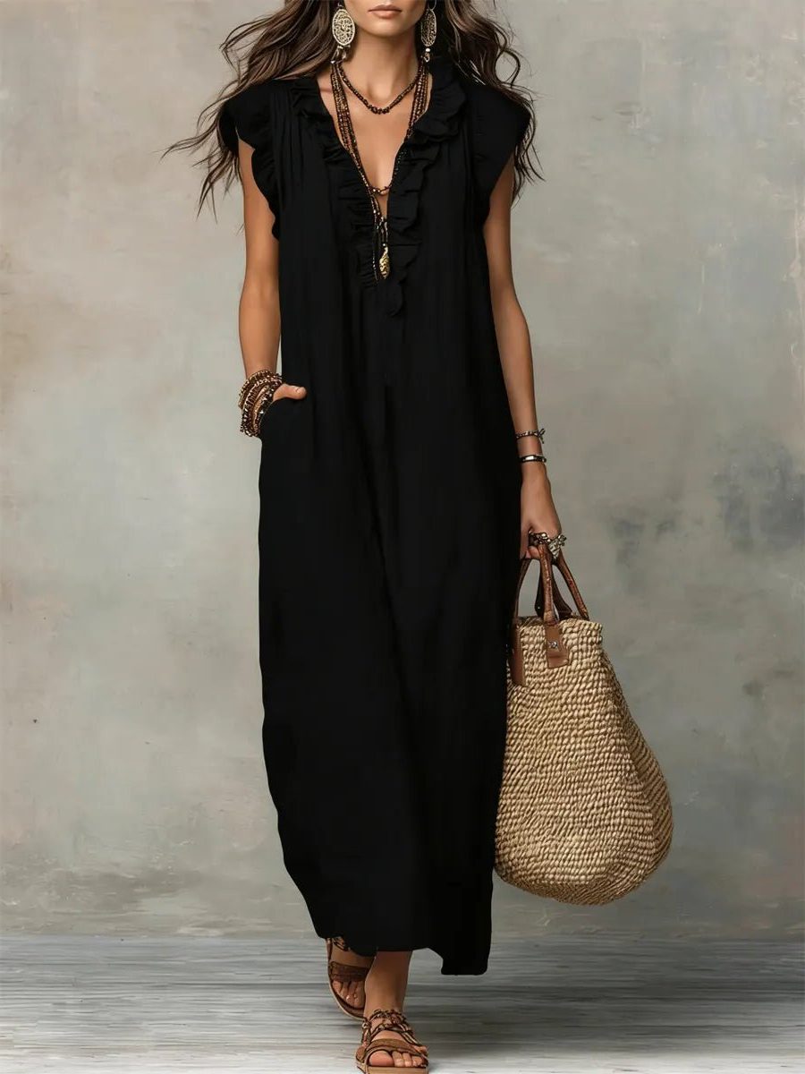 Lightweight women's V-neck maxi dress with graceful flutter sleeves, a must-have for warm weather.