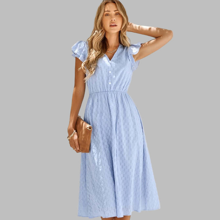 Chic women's flowy V-neck midi dress with ruffles. Versatile & comfortable for casual or elegant wear.