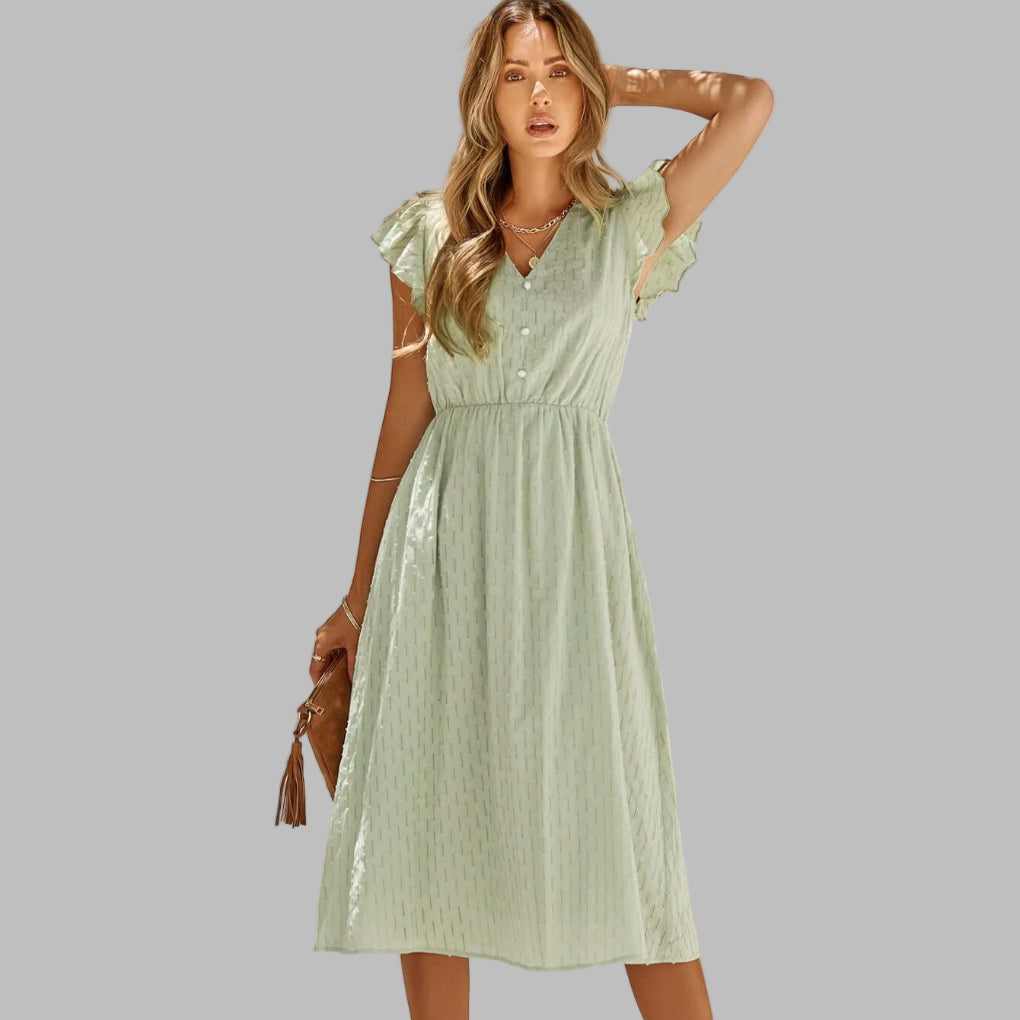 Elegant women's flowy V-neck midi dress with delicate ruffles. Ideal comfortable casual dress for spring & summer.