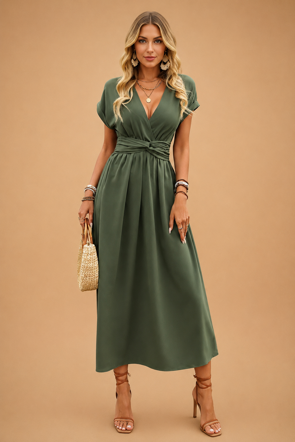 Versatile women's V-neck flowy maxi dress, suitable for casual or elegant summer occasions.