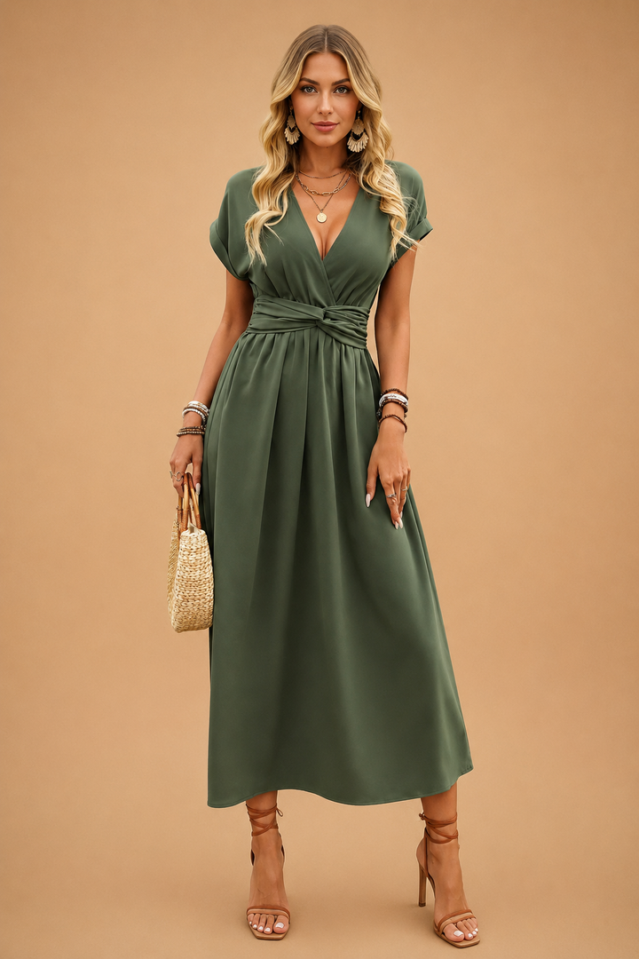 Versatile women's V-neck flowy maxi dress, suitable for casual or elegant summer occasions.