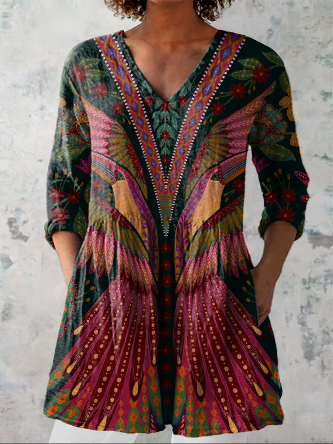Women's flowy V-neck tunic blouse, a chic and comfortable long top perfect for casual elegant daily style.