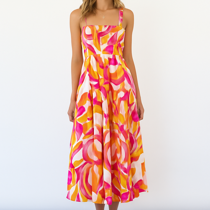 Comfortable casual women's A-line flowy dress featuring a charming vintage print & spaghetti straps for summer.