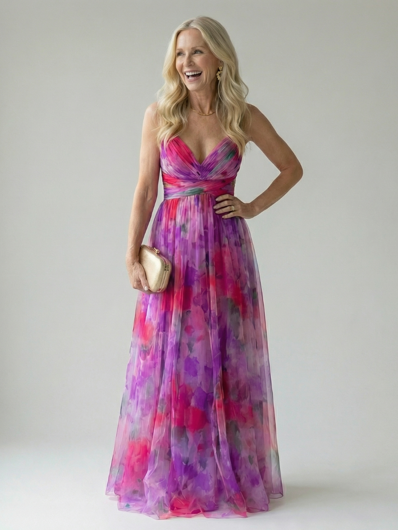 Close-up of a women's flowy maxi wrap dress, showing soft fabric and elegant drape for summer comfort.
