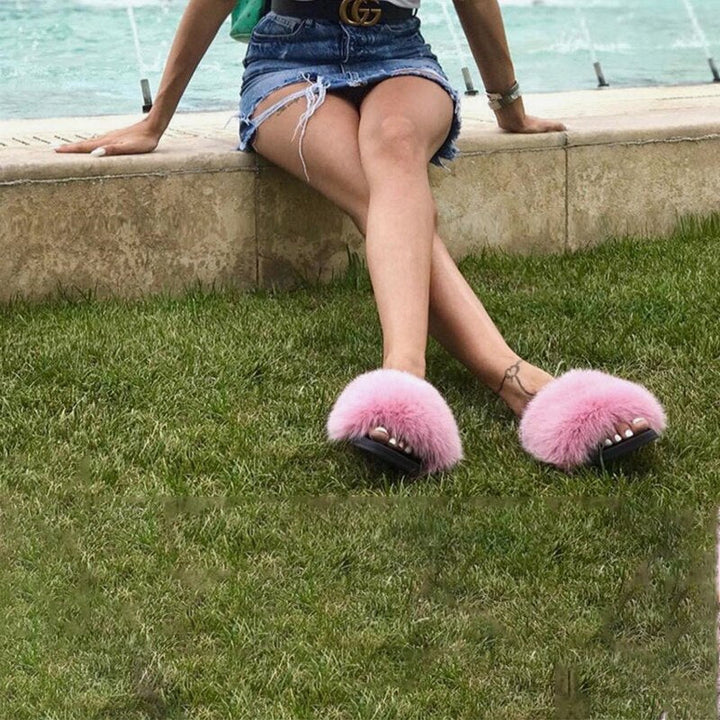 Women's fluffy open-toe slide slippers, comfortable house shoes for lounging.