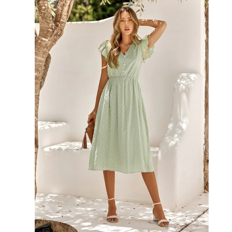 Women's flutter sleeve relaxed fit A-line midi dress, perfect for comfort & style. Versatile summer day dress.
