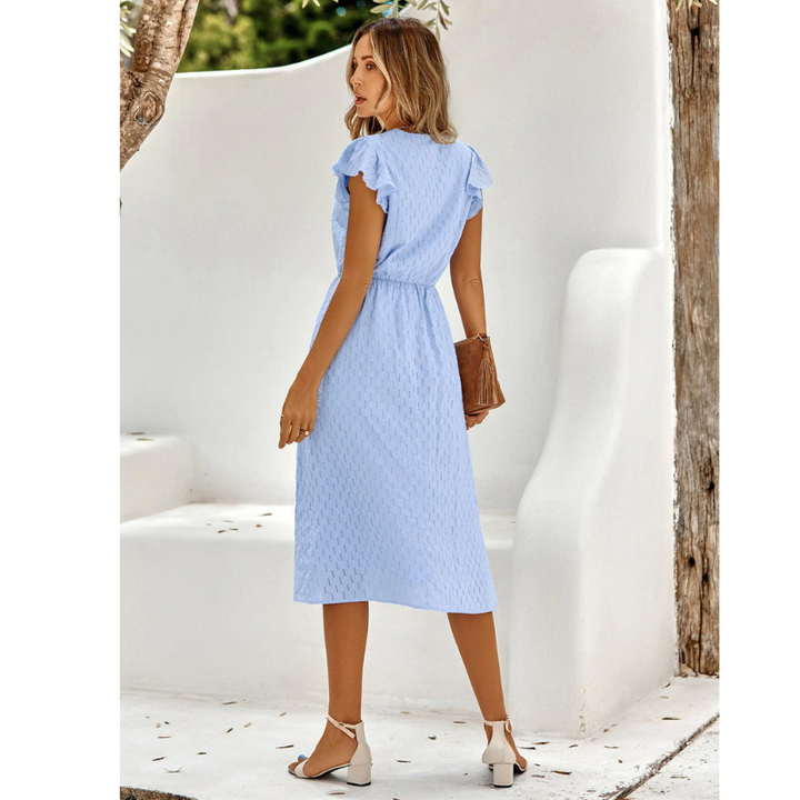 Elegant women's flutter sleeve midi dress with A-line skirt, ideal for casual summer days or versatile wear.