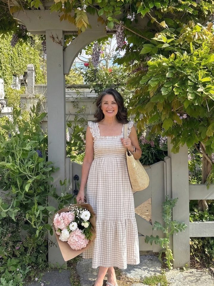 Comfortable pull-on women's smocked gingham maxi dress with flutter sleeves & tiered skirt for casual wear.