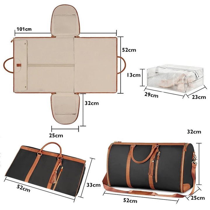 Practical women's accessory: a foldable smart carry-on bag for travel, featuring multiple compartments.