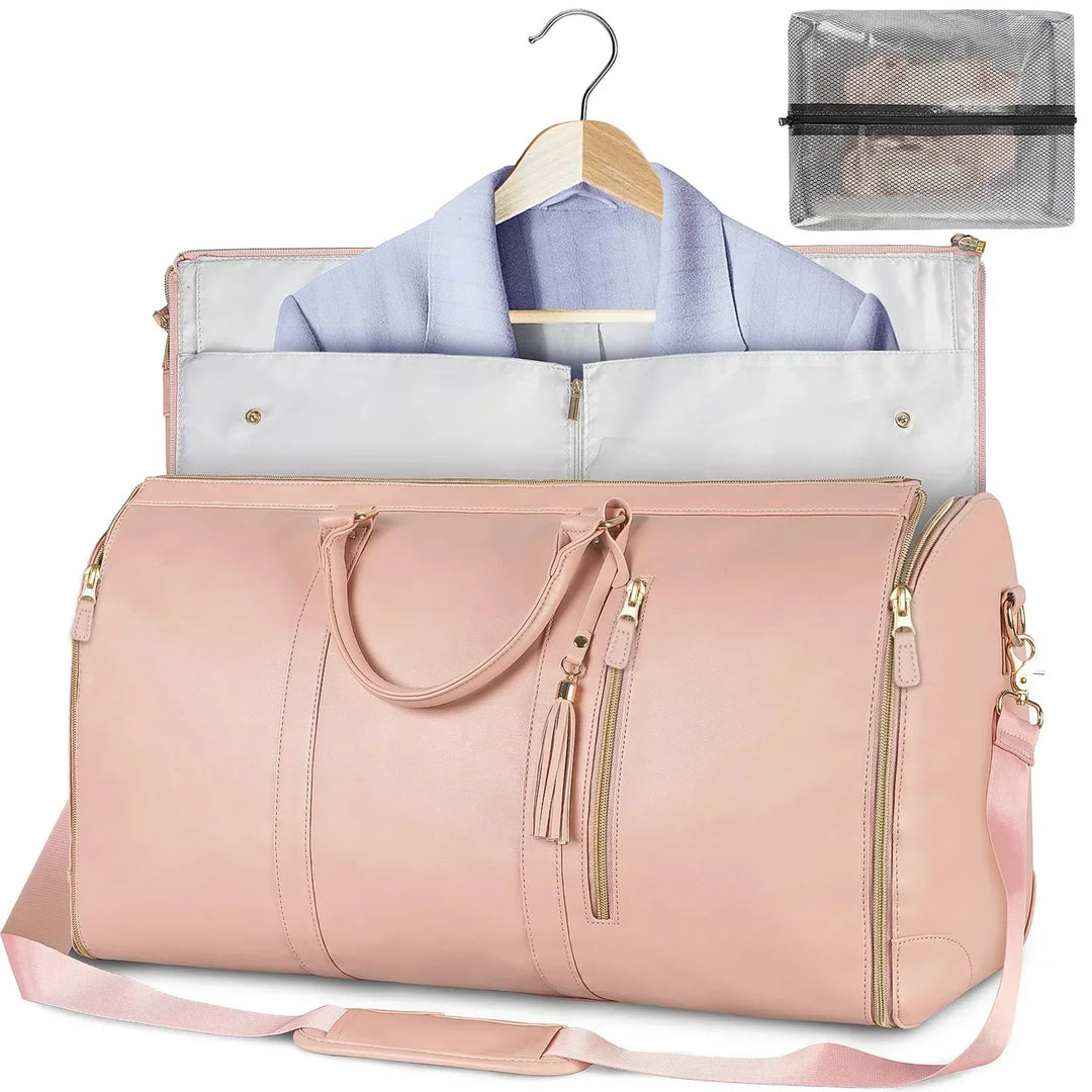Stylish women's travel accessory: a smart, foldable carry-on bag with multi-compartment organization.