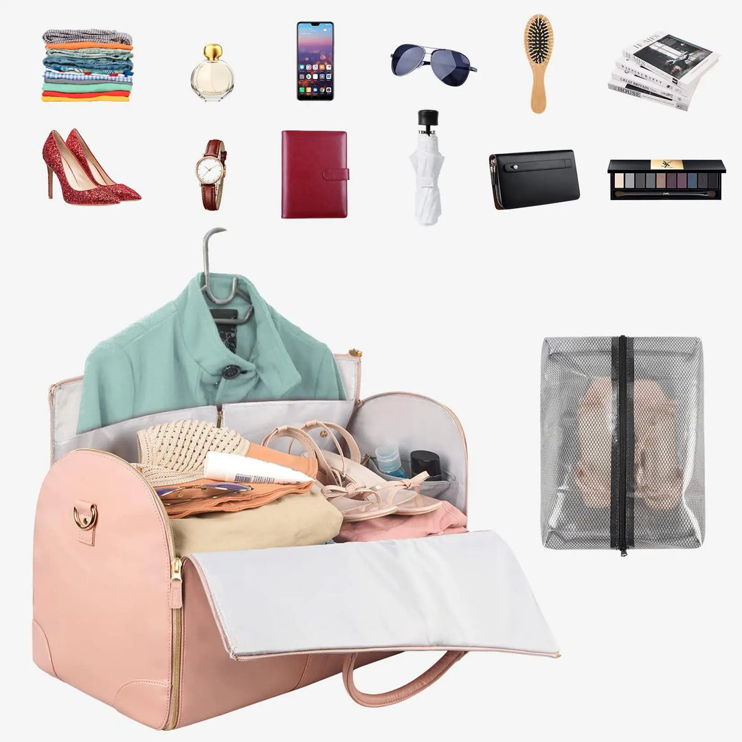 Multi-compartment women's carry-on travel bag; foldable smart design for easy storage & trips.