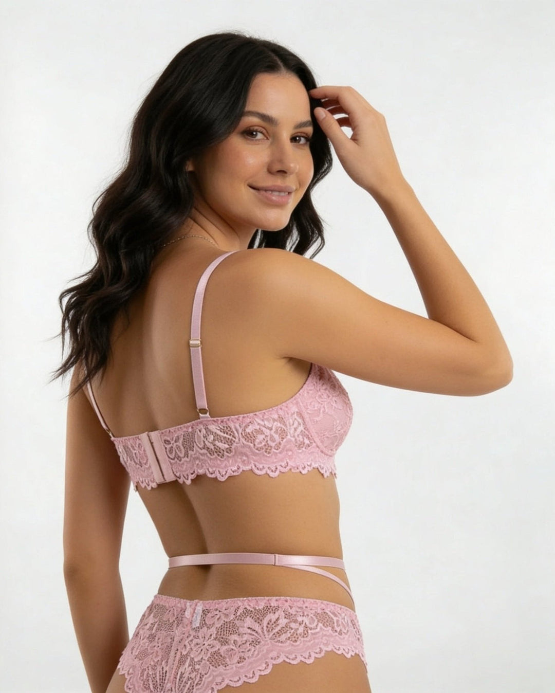 Women's elegant four-piece lingerie set, underwire bra, garter straps for romantic evenings.