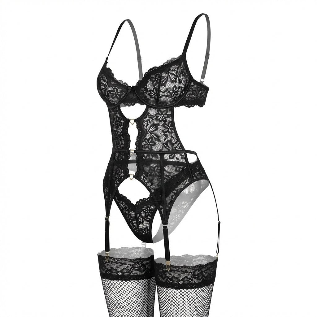 Women's intimate apparel 4-piece set, suspender belt, underwire bra, and garter straps.