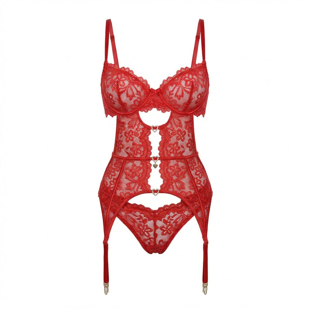 Stylish women's four-piece suspender lingerie, elegant design with underwire bra & garter straps.