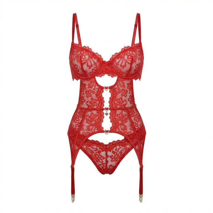 Stylish women's four-piece suspender lingerie, elegant design with underwire bra & garter straps.