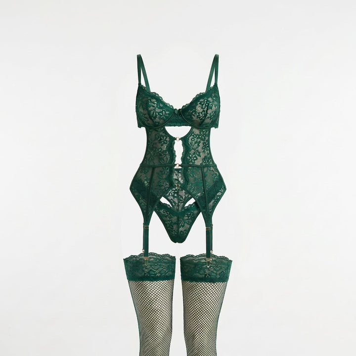 Elegant women's 4-piece intimate apparel set featuring underwire bra, panties, suspender belt.