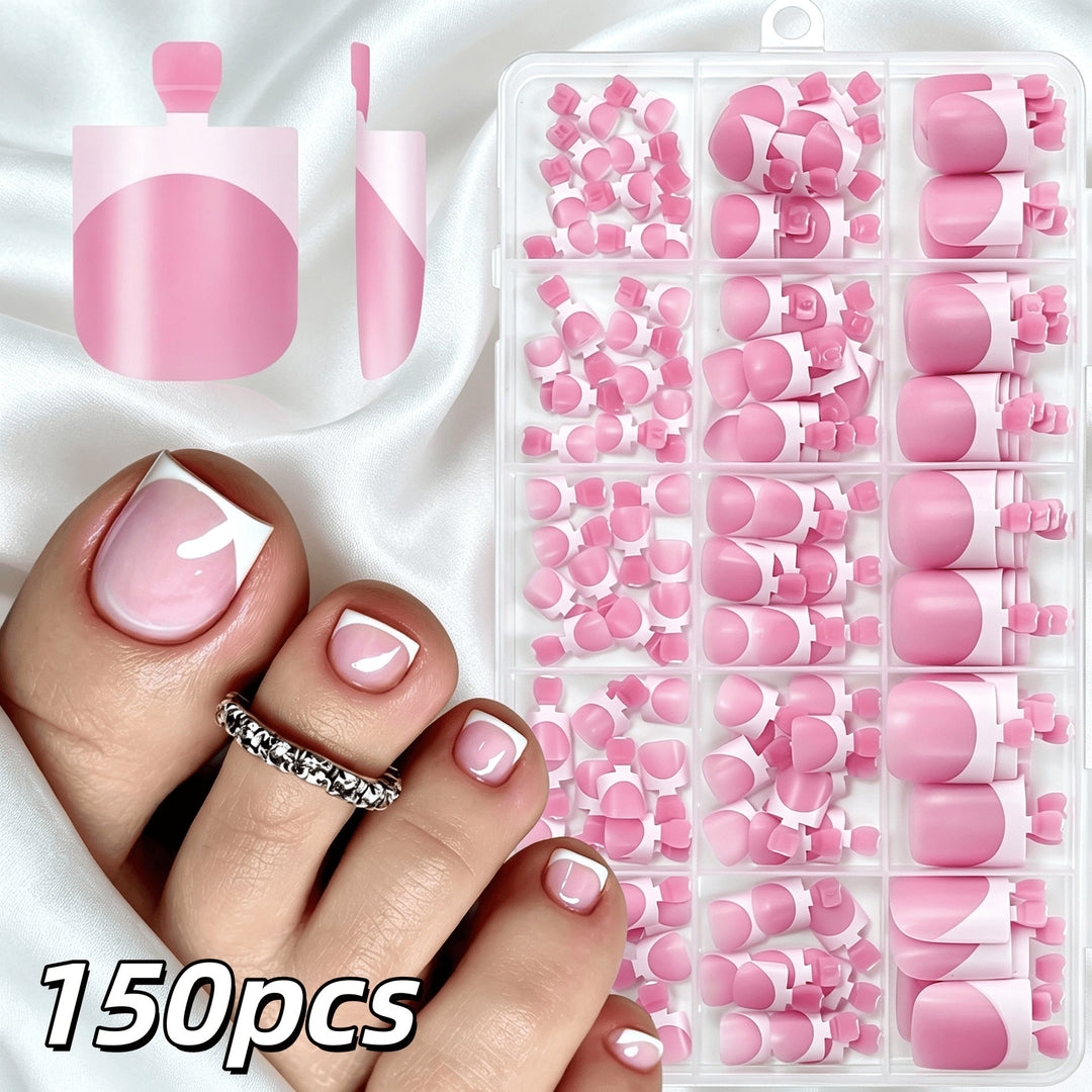 Women's French tip false nails, 150 pcs set for elegant DIY manicures.