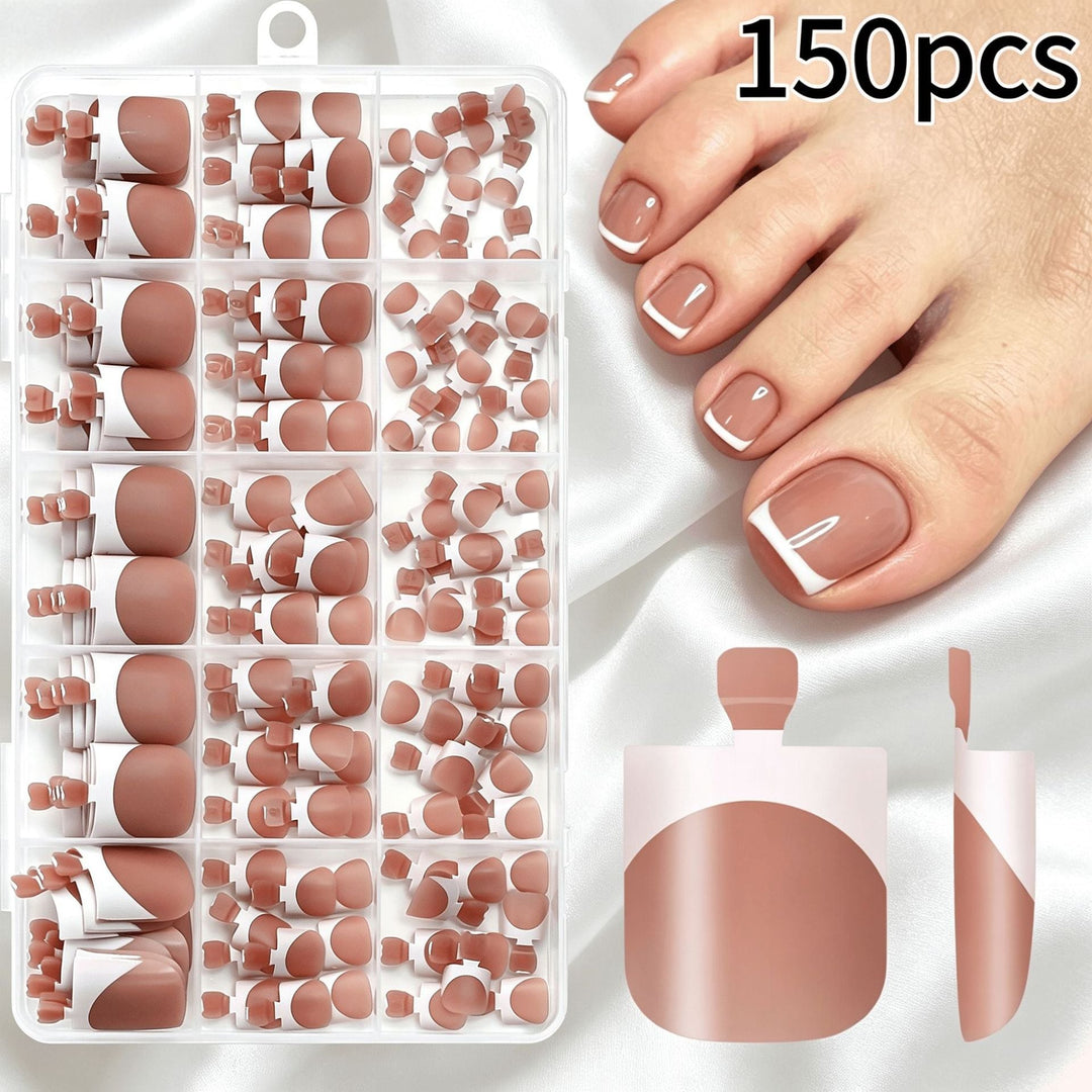 Full set of 150 French tip artificial nails for women, ideal for stylish beauty and nail art projects.