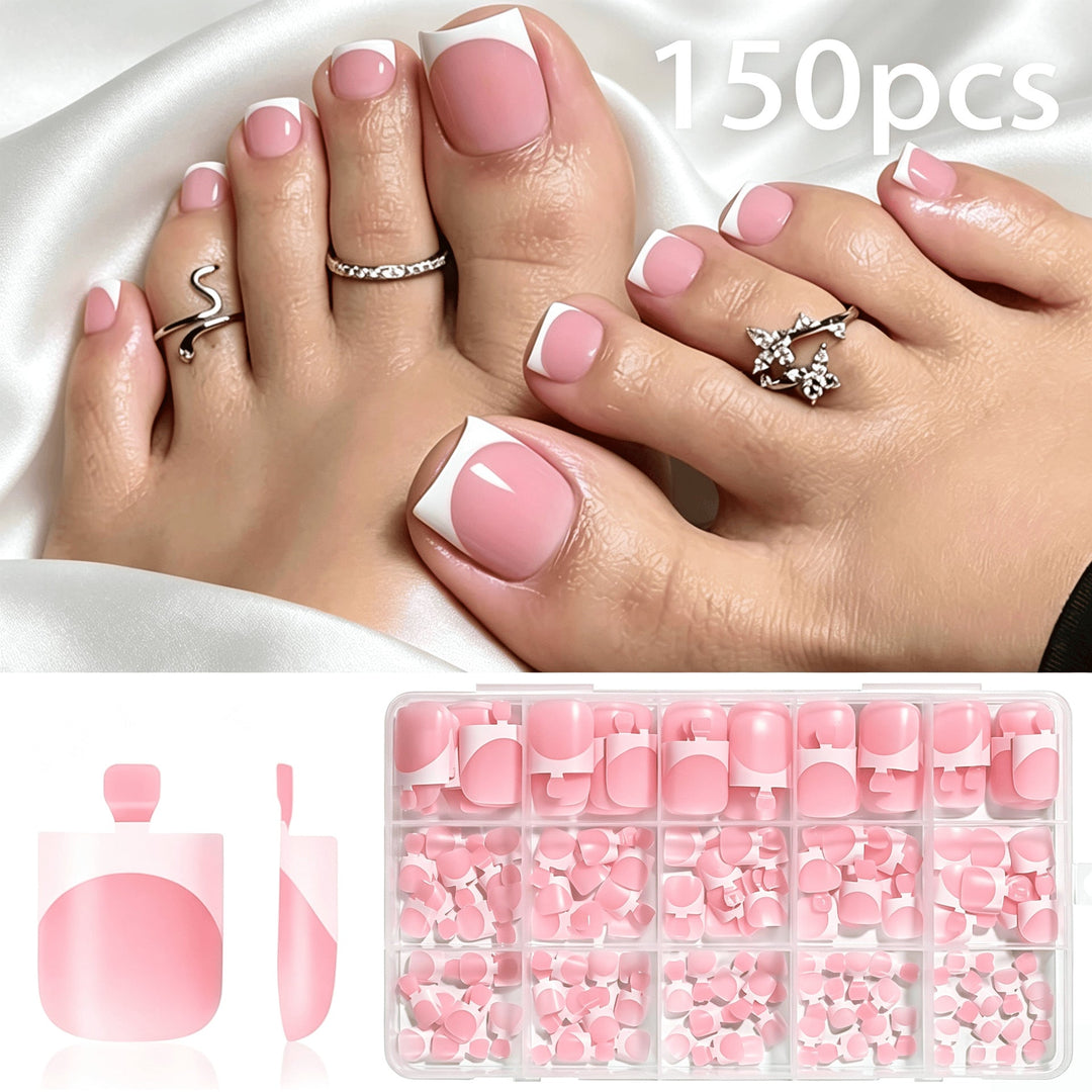 Complete 150 pc French tip false nail kit for women, perfect for stunning, easy DIY nail art.
