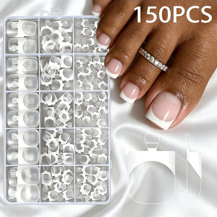Elegant French tip fake nail set, 150 pieces for women, offering salon-quality beauty at home.