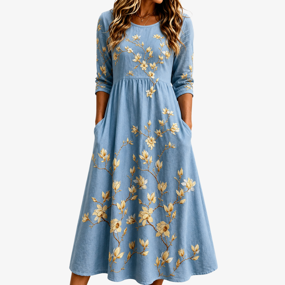 Women's Freya Bluebell Meadow floral print midi dress with pockets. Comfortable, elegant, perfect for summer.