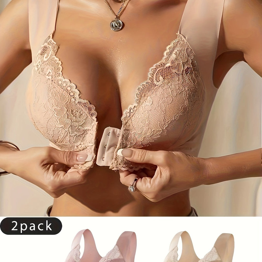 Supportive lace bras for women, 2-pack with easy front closure. Ideal for breathable daily wear.