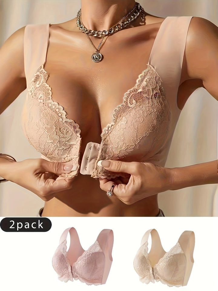 New two-pack of women's front closure lace bras, offering a perfect blend of comfort, style, and support.