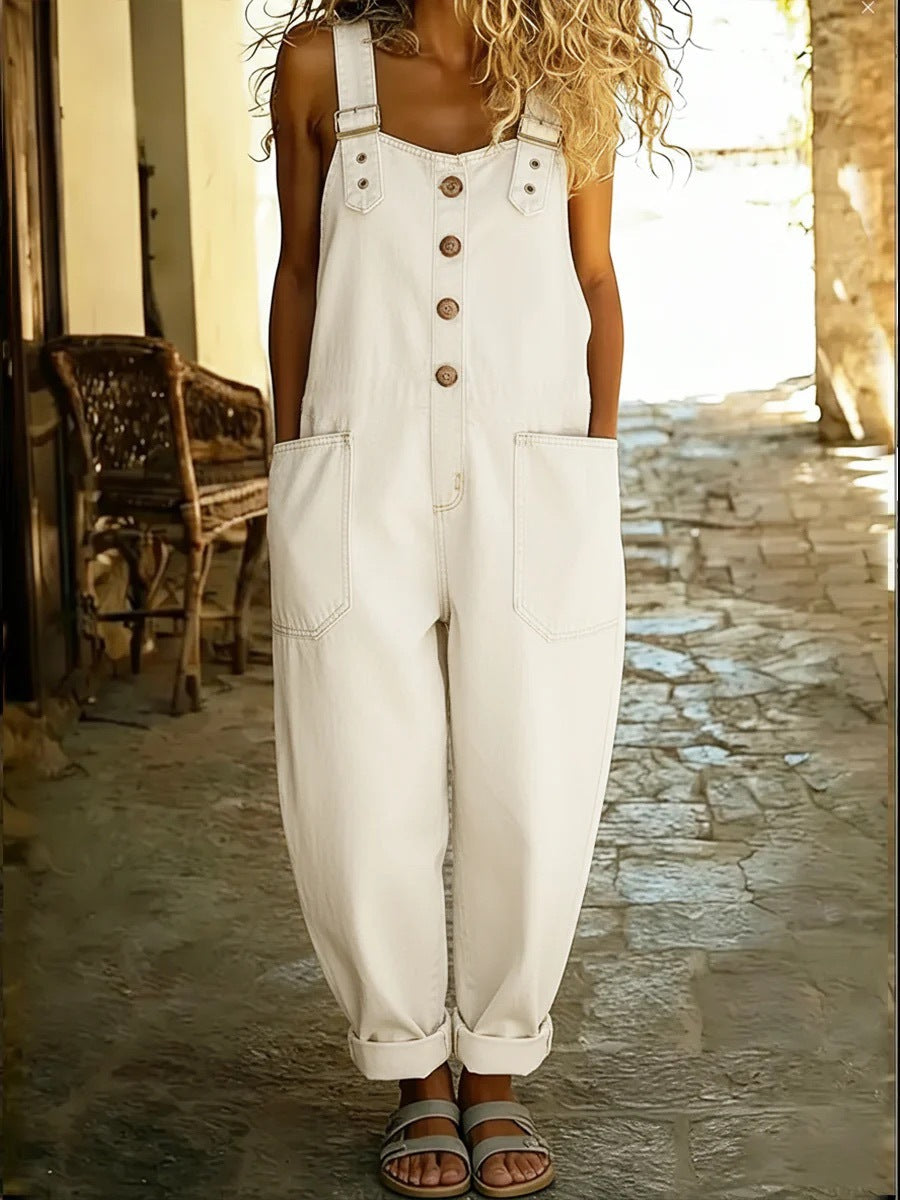Elegant women's summer jumpsuit with a relaxed fit. Stylish full-length design for chic, casual wear.
